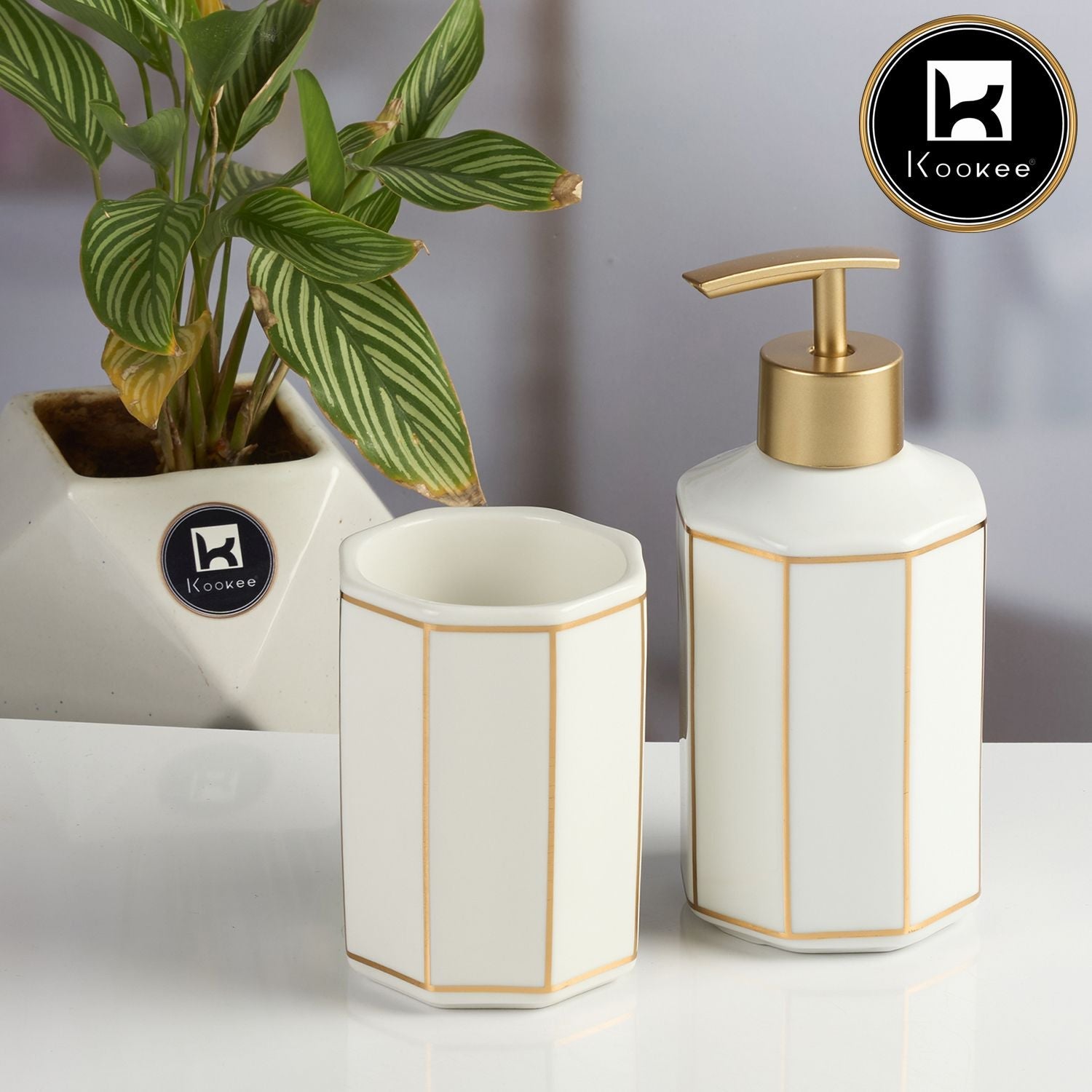 Ceramic Bathroom Accessories Set of 2 with Soap Dispenser, White (12082)