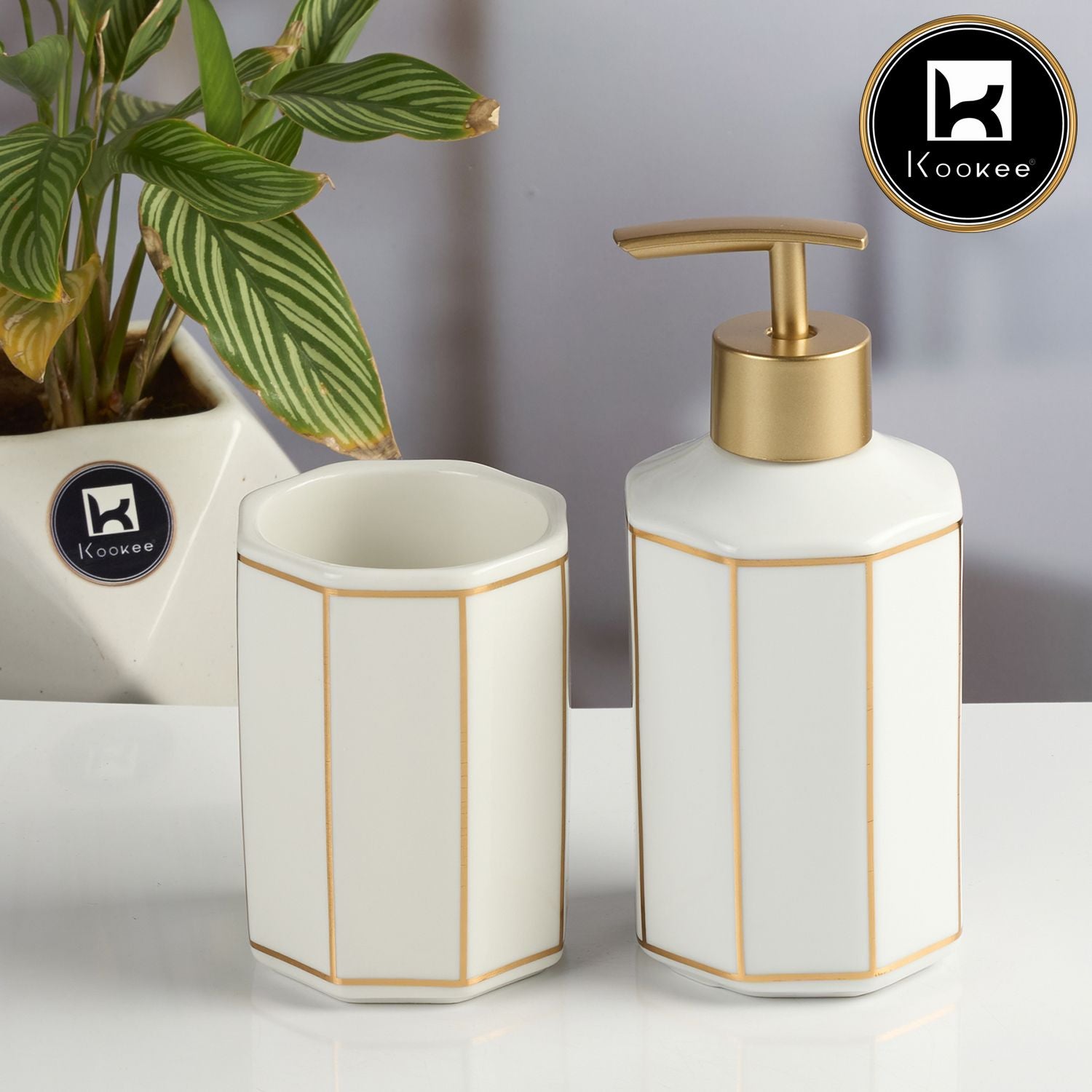 Ceramic Bathroom Accessories Set of 2 with Soap Dispenser, White (12082)