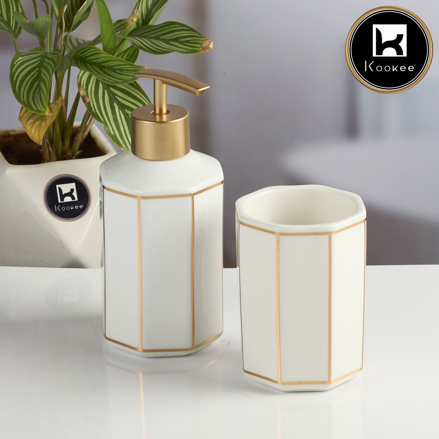 Kookee Ceramic Bathroom Accessories Set of 2 with Soap Dispenser, White (12082)