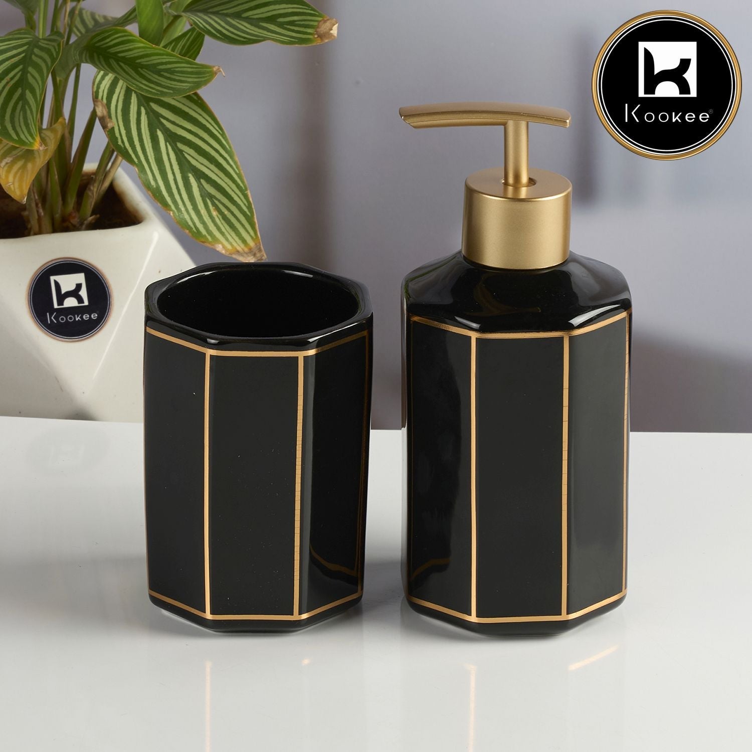 Ceramic Bathroom Accessories Set of 2 with Soap Dispenser, Black (V-CBS-003-16)