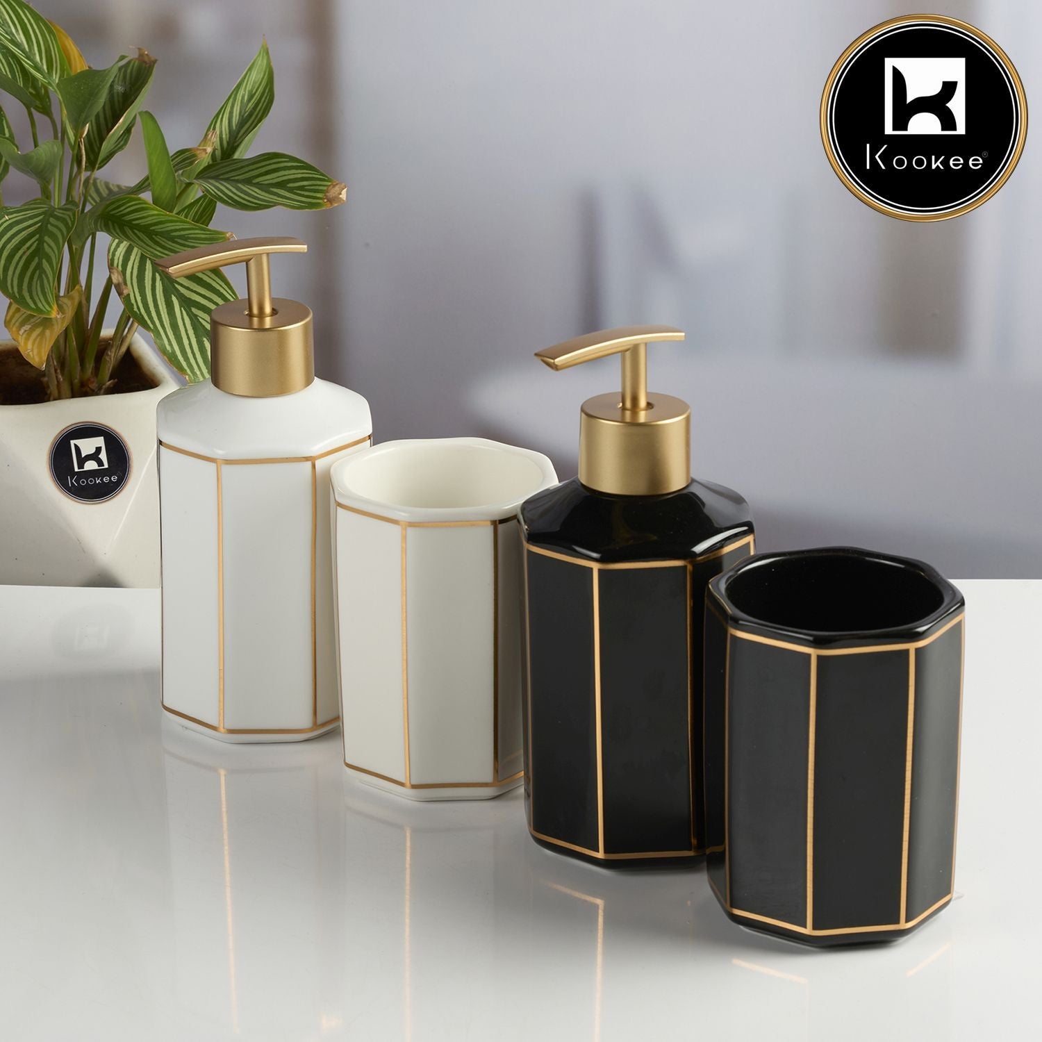 Ceramic Bathroom Accessories Set of 2 with Soap Dispenser, Black (V-CBS-003-16)