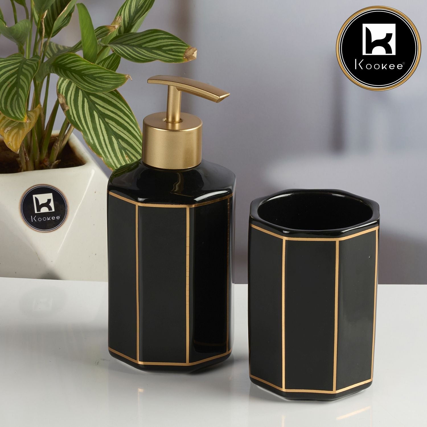 Kookee Ceramic Bathroom Accessories Set of 2 with Soap Dispenser, Black (12083)