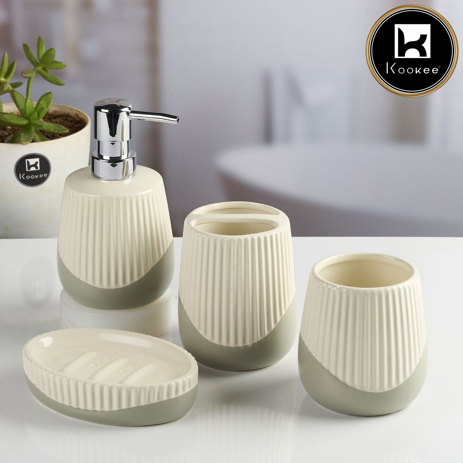 Ceramic Bathroom Accessories Set of 4 with Soap Dispenser (12099)