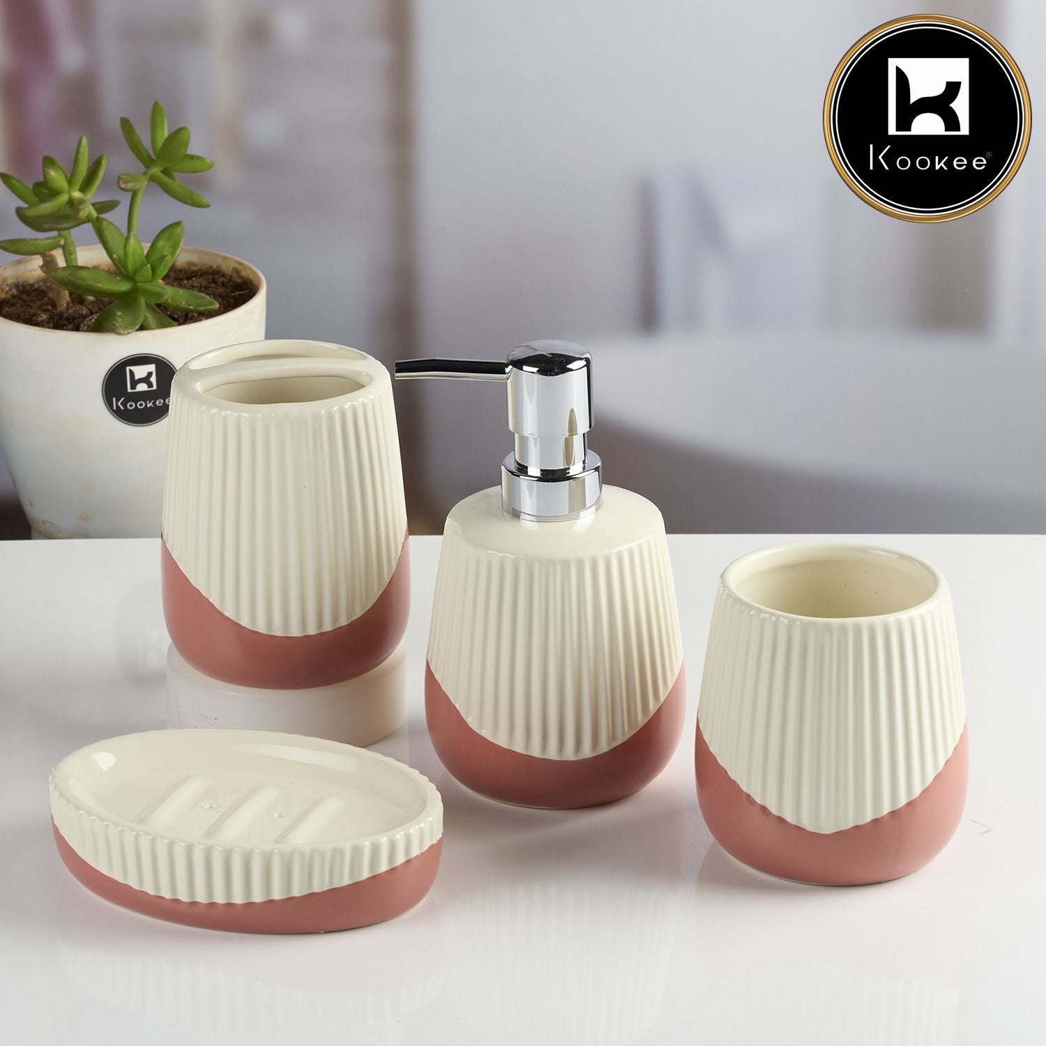 Ceramic Bathroom Accessories Set of 4 with Soap Dispenser (12100)