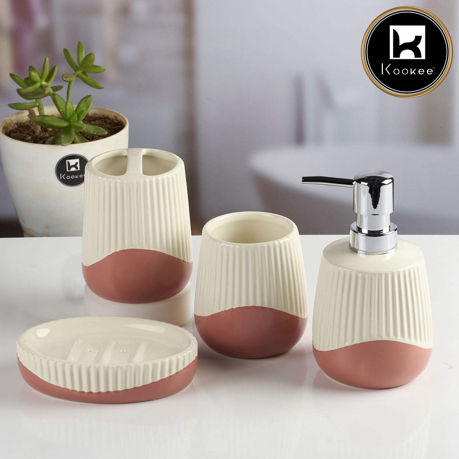 Ceramic Bathroom Accessories Set of 4 with Soap Dispenser (12100)