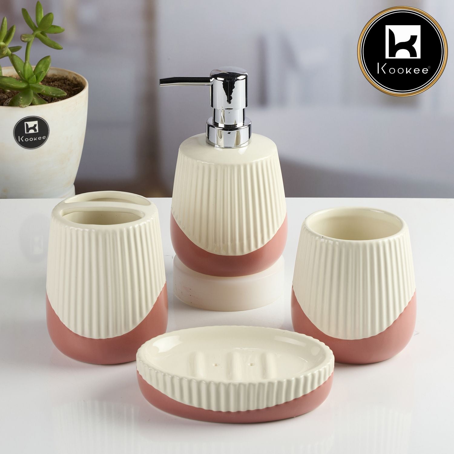 Ceramic Bathroom Accessories Set of 4 with Soap Dispenser (12100)