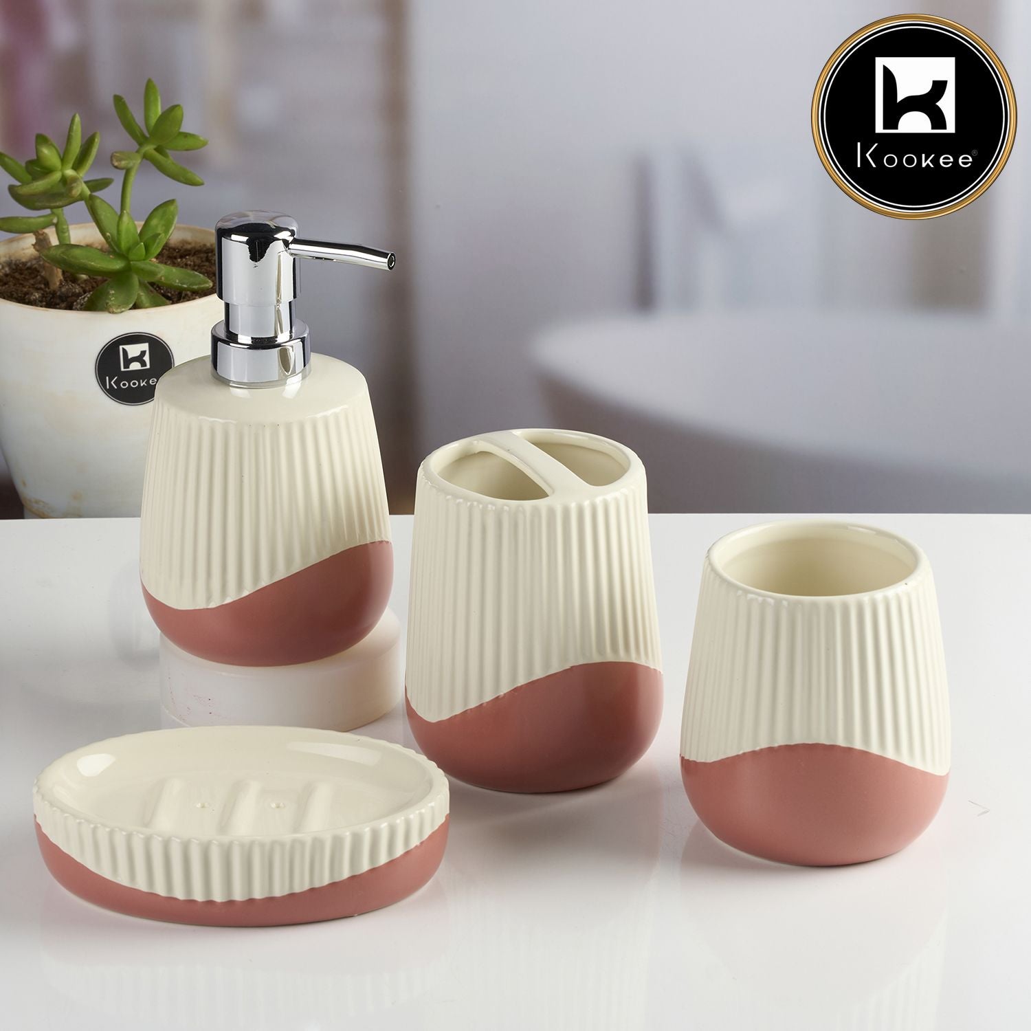 Kookee Ceramic Bathroom Accessories Set of 4 with Soap Dispenser (12100)