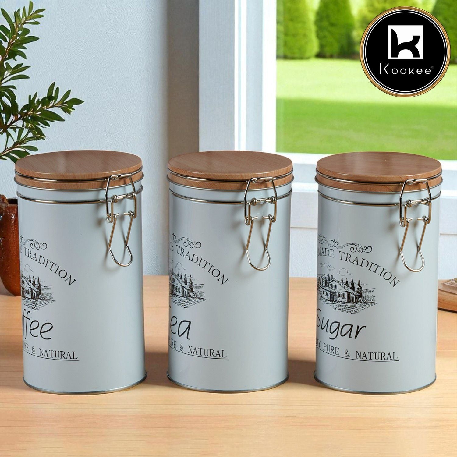 Tin Boxes Set of 3, Storage Tins for Tea, Sugar & Coffee, White (12102)