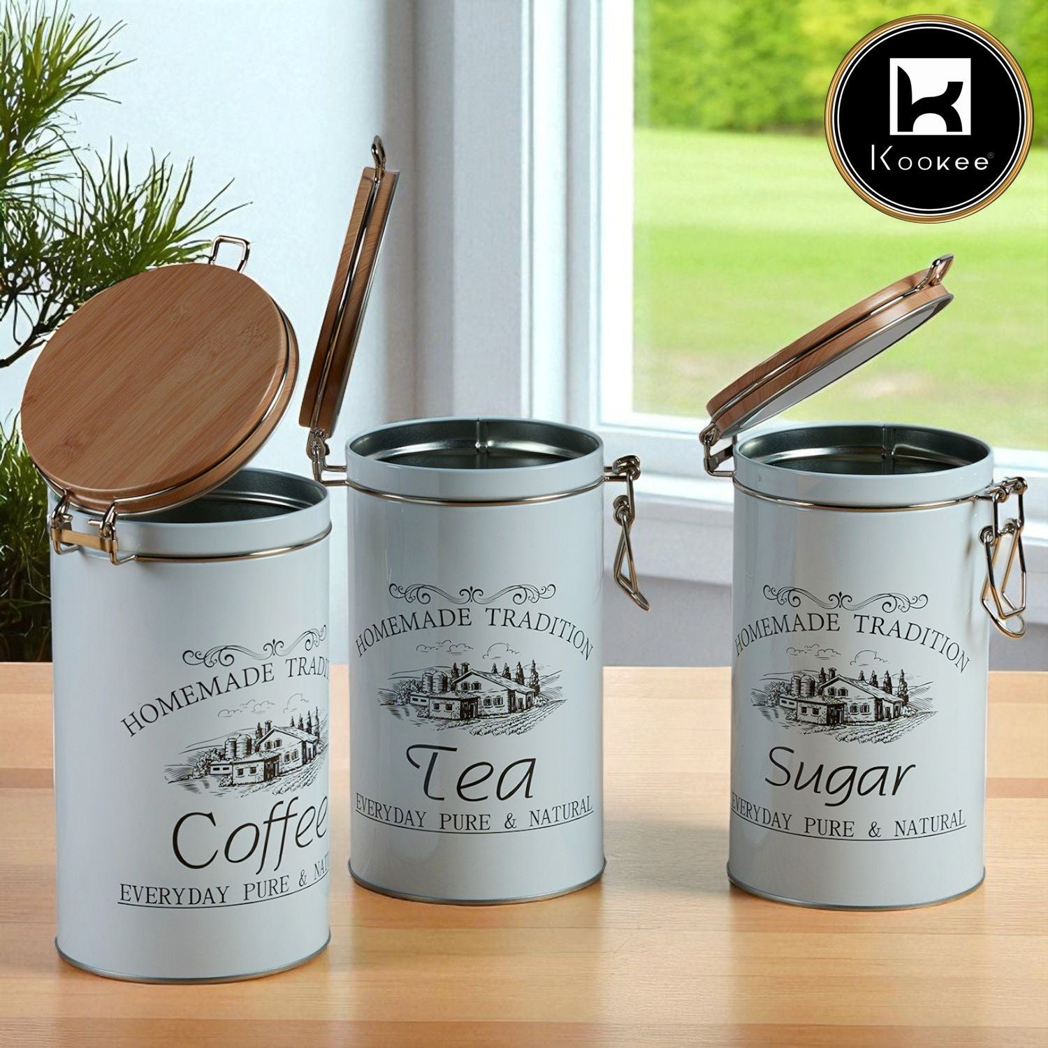 Tin Boxes Set of 3, Storage Tins for Tea, Sugar & Coffee, White (12102)