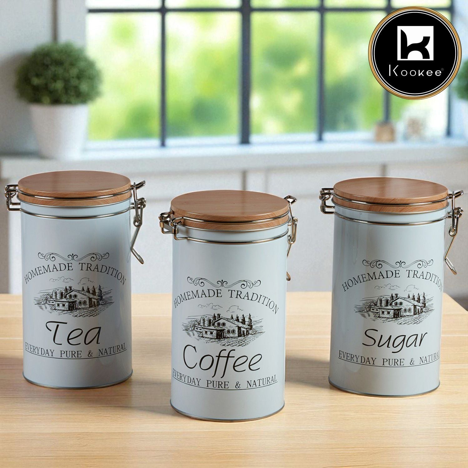 Tin Boxes Set of 3, Storage Tins for Tea, Sugar & Coffee, White (12102)