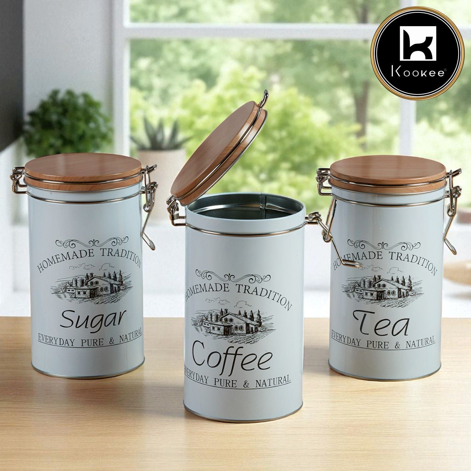 Kookee Tin Boxes Set of 3, Storage Tins for Tea, Sugar & Coffee, White (12102)