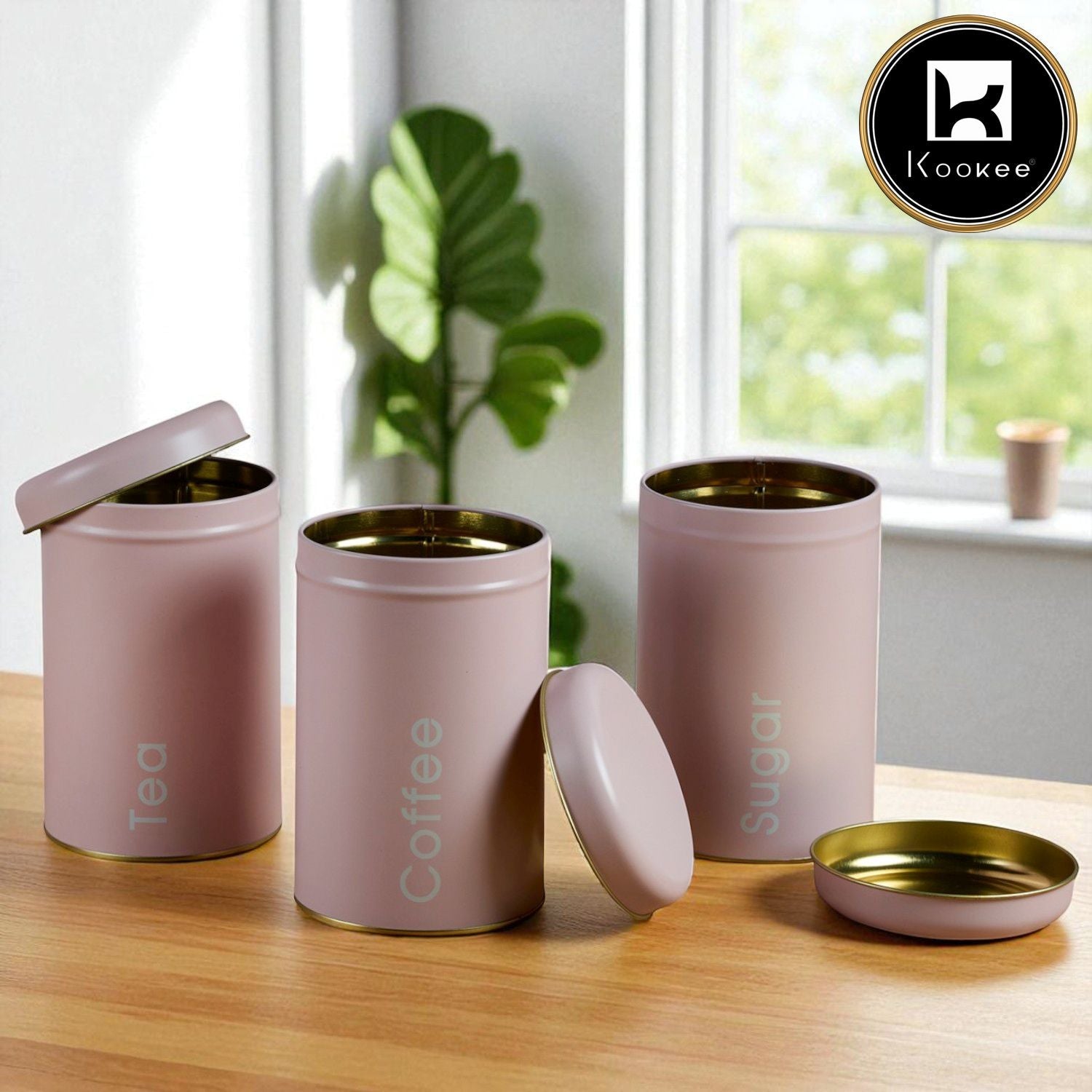 Tin Boxes Set of 3, Storage Tins for Tea, Sugar & Coffee, Pink (12103)