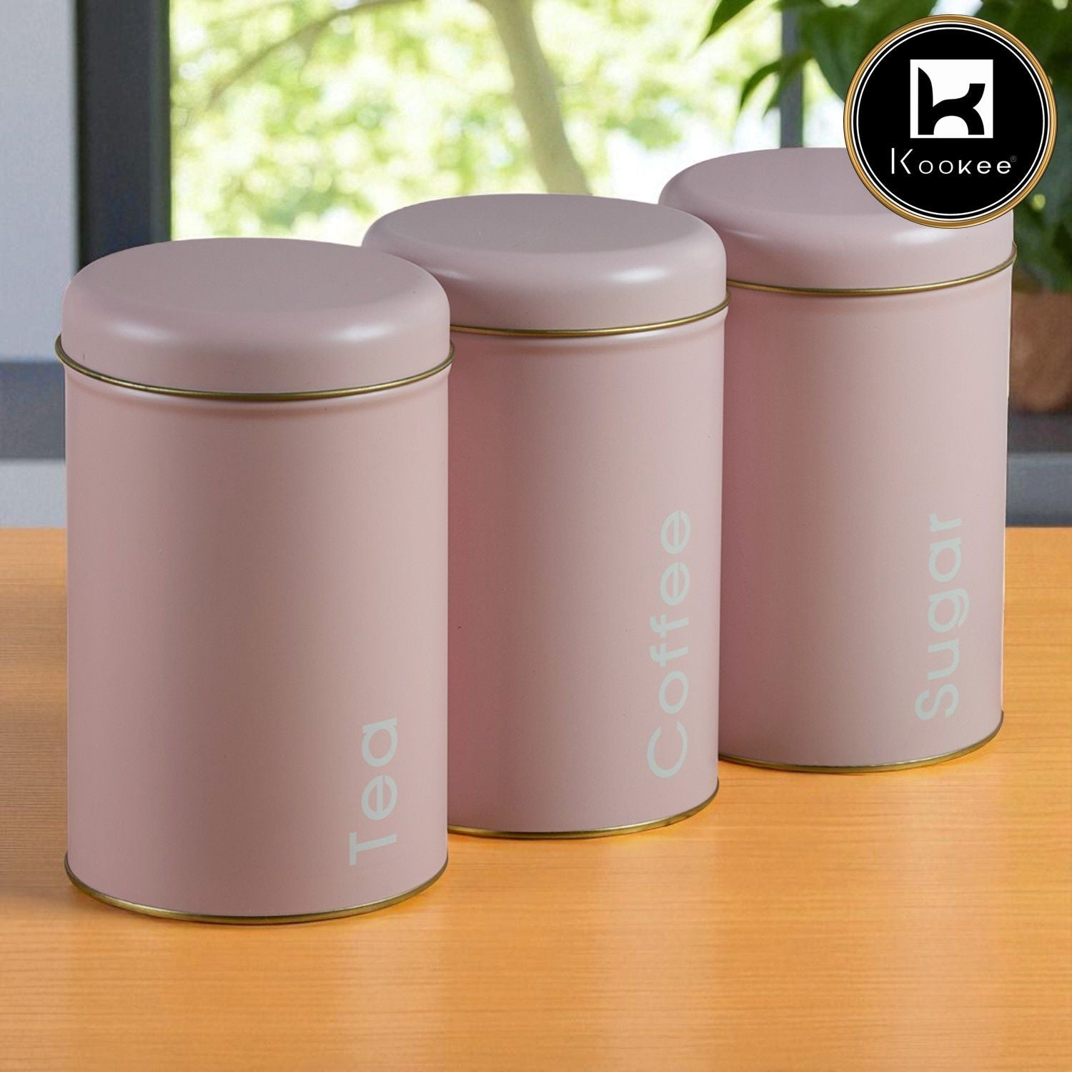 Kookee Tin Boxes Set of 3, Storage Tins for Tea, Sugar & Coffee, Pink (12103)