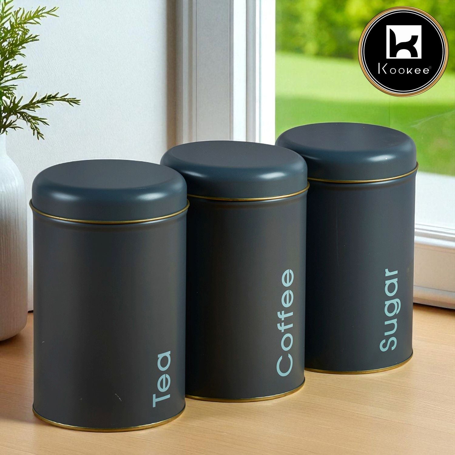 Kookee Tin Boxes Set of 3, Storage Tins for Tea, Sugar & Coffee, Grey (12104)