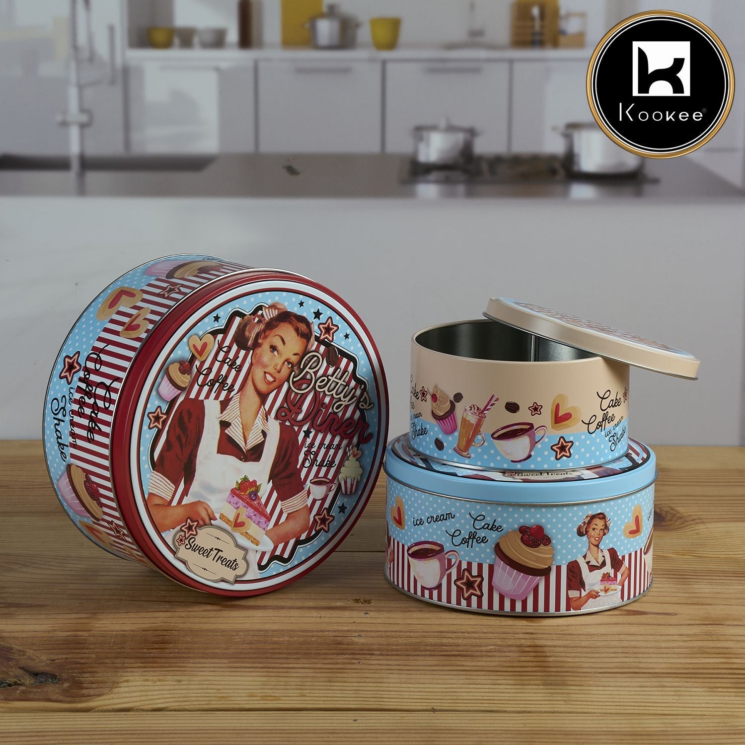 Kookee Tin Boxes Set of 3, Cookie, Biscuit and Snack Storage Tins (12106)