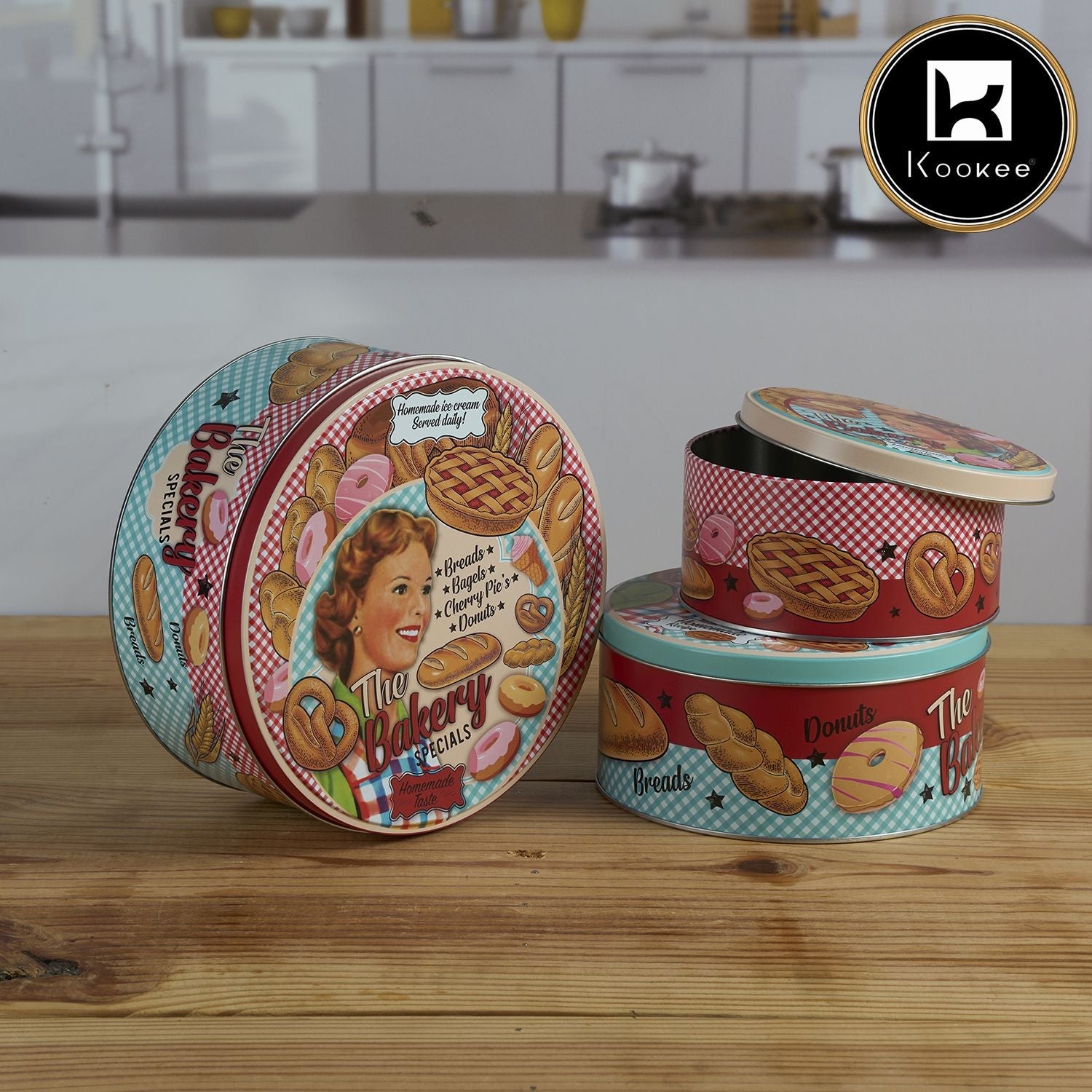 Kookee Tin Boxes Set of 3, Cookie, Biscuit and Snack Storage Tins (12108)