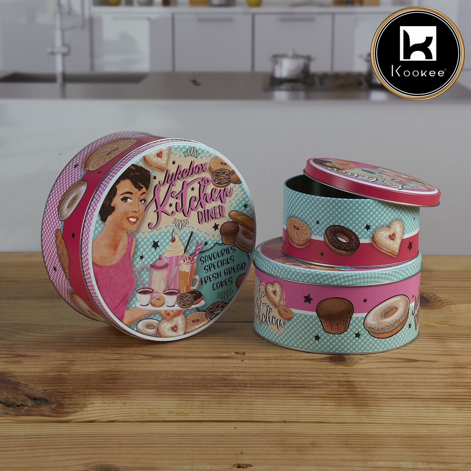 Kookee Tin Boxes Set of 3, Cookie, Biscuit and Snack Storage Tins (12110)