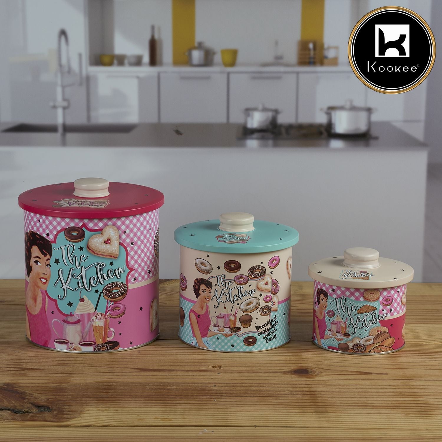 Kookee Tin Boxes Set of 3, Cookie, Biscuit and Snack Storage Tins (12115)