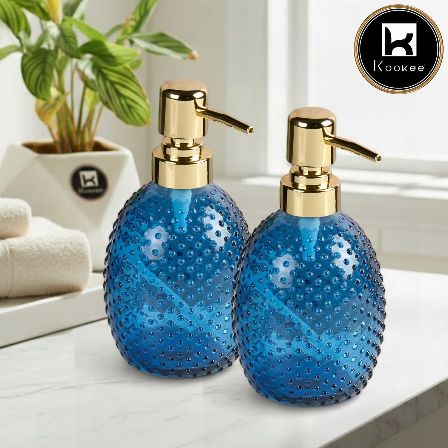 Glass Soap Dispenser for handwash for Bathroom, Blue & Green (Set of 2) (12152)