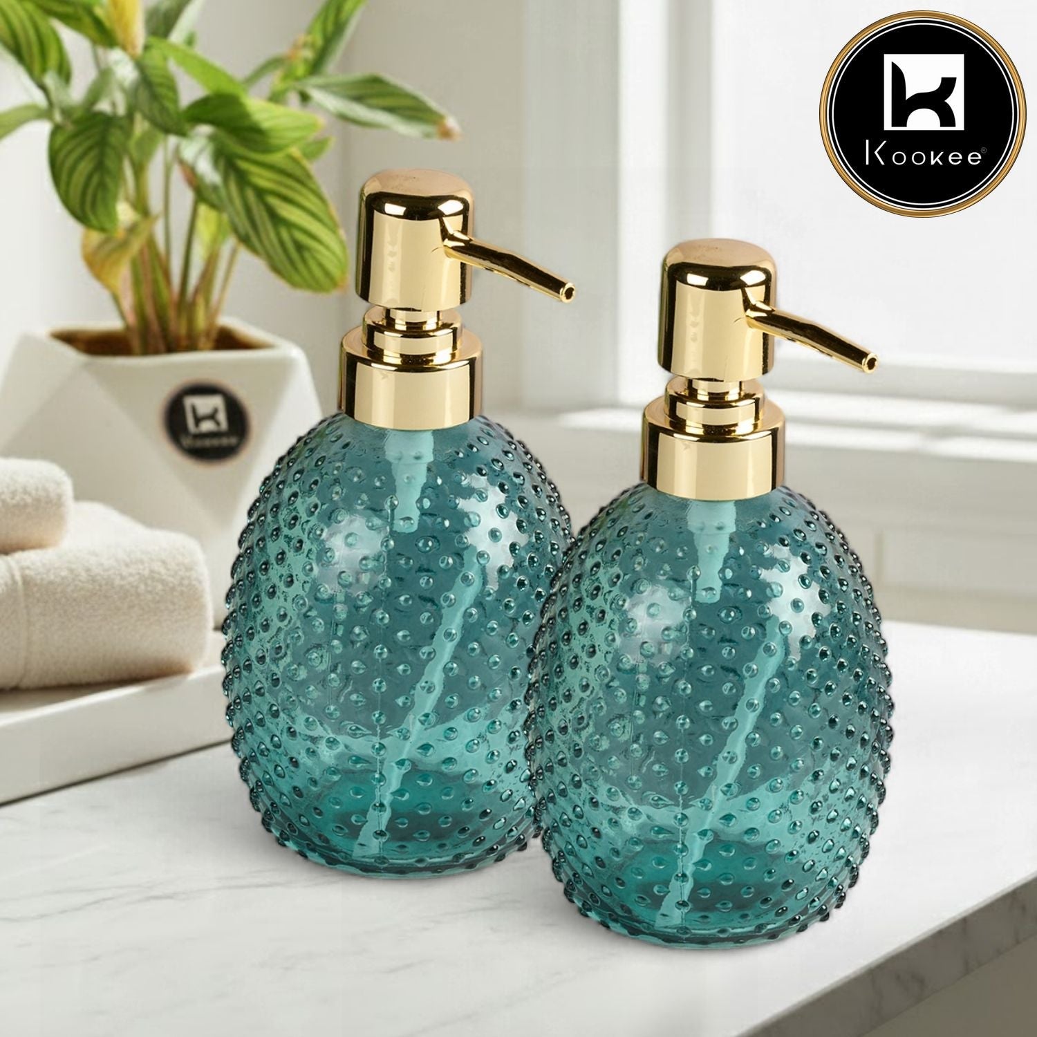 Glass Soap Dispenser for handwash for Bathroom, Green (Set of 2) (12121)