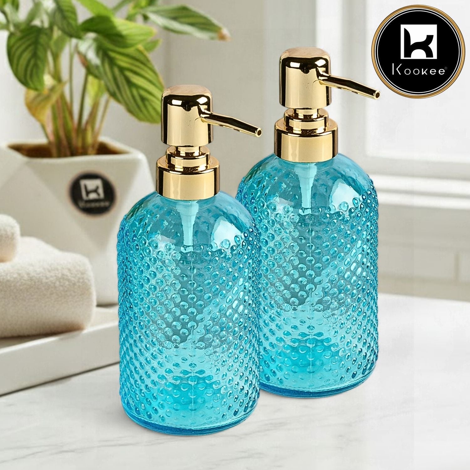 Glass Soap Dispenser for handwash for Bathroom, Blue & Grey (Set of 2) (12166)