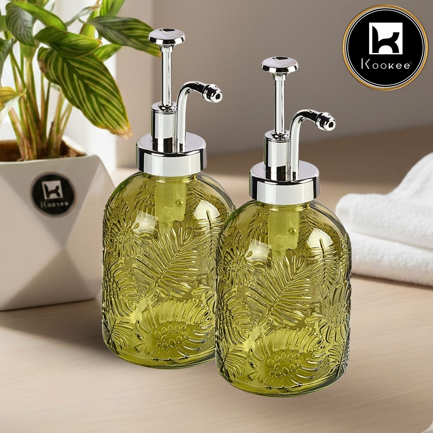 Glass Soap Dispenser for handwash, Green (Set of 2) (12145)