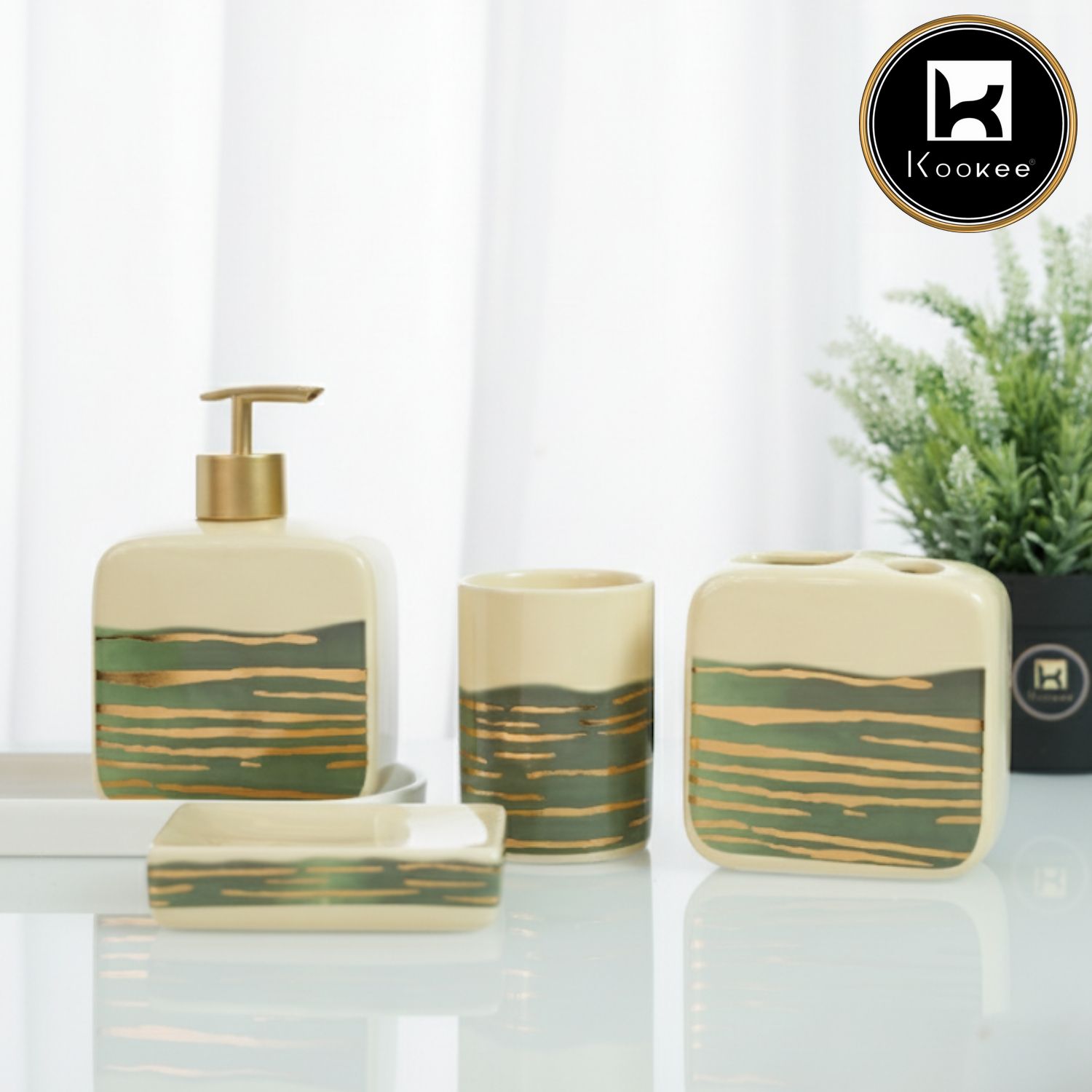 Kookee Ceramic Bathroom Set of 4 with Soap Dispenser (12228)