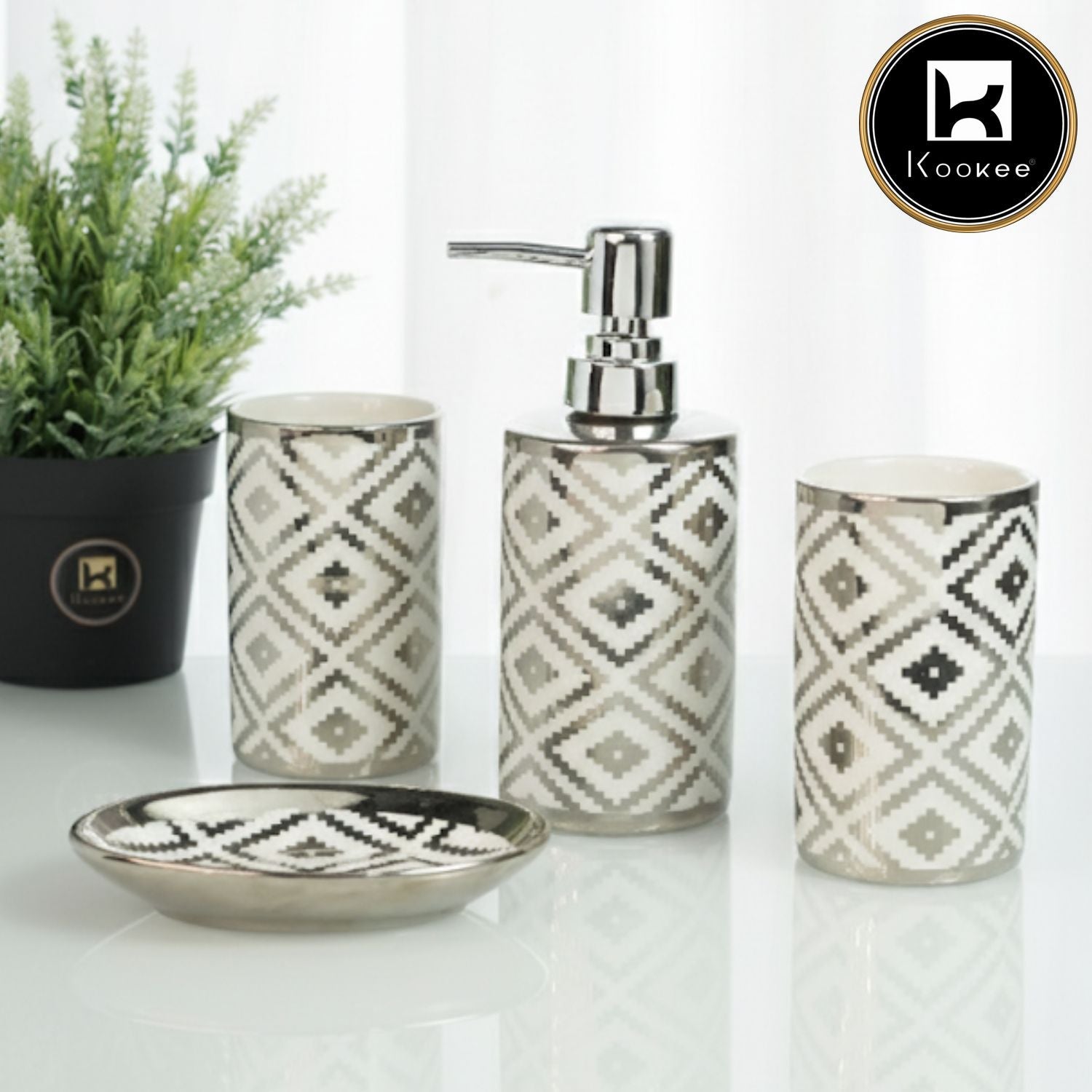 Ceramic Bathroom Set of 4 with Soap Dispenser, Silver (12229)