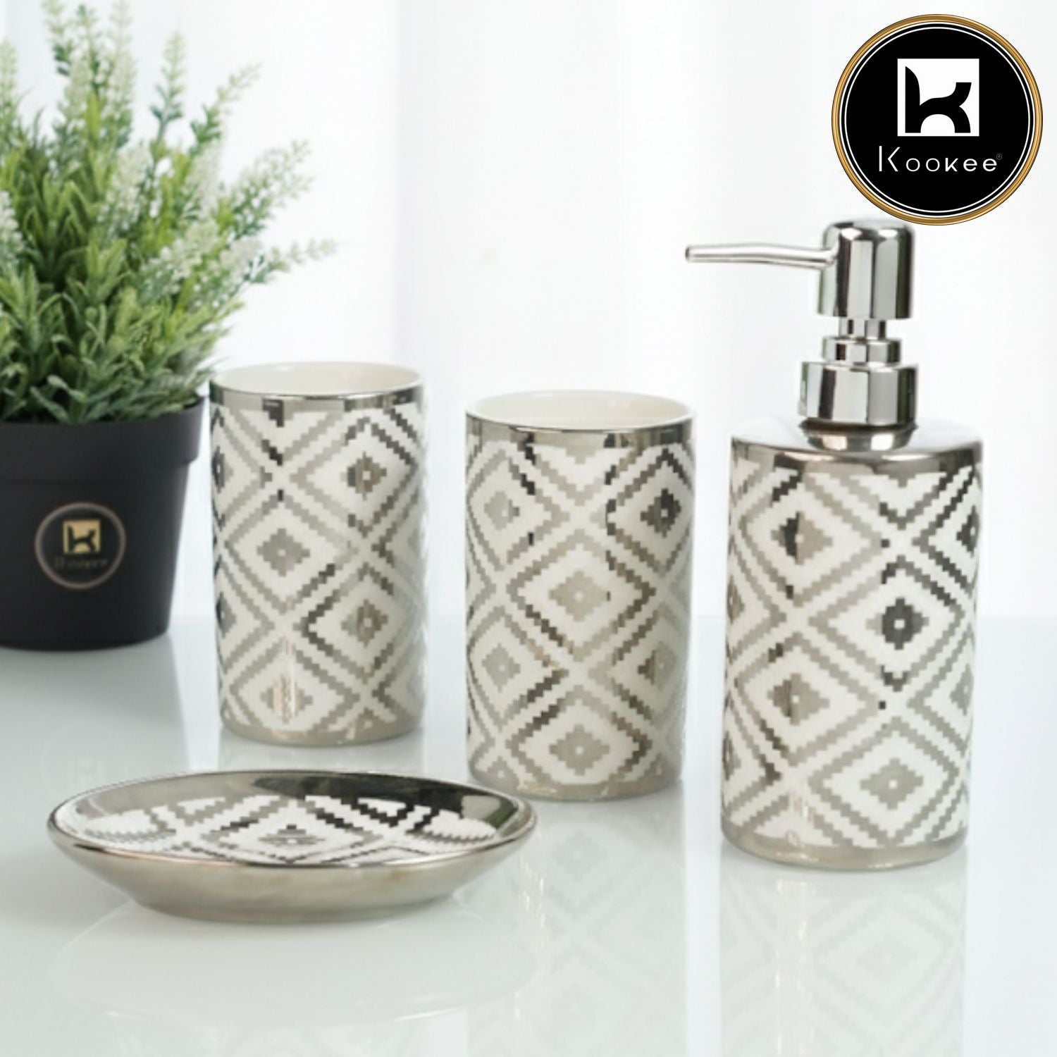 Ceramic Bathroom Set of 4 with Soap Dispenser, Silver (12229)