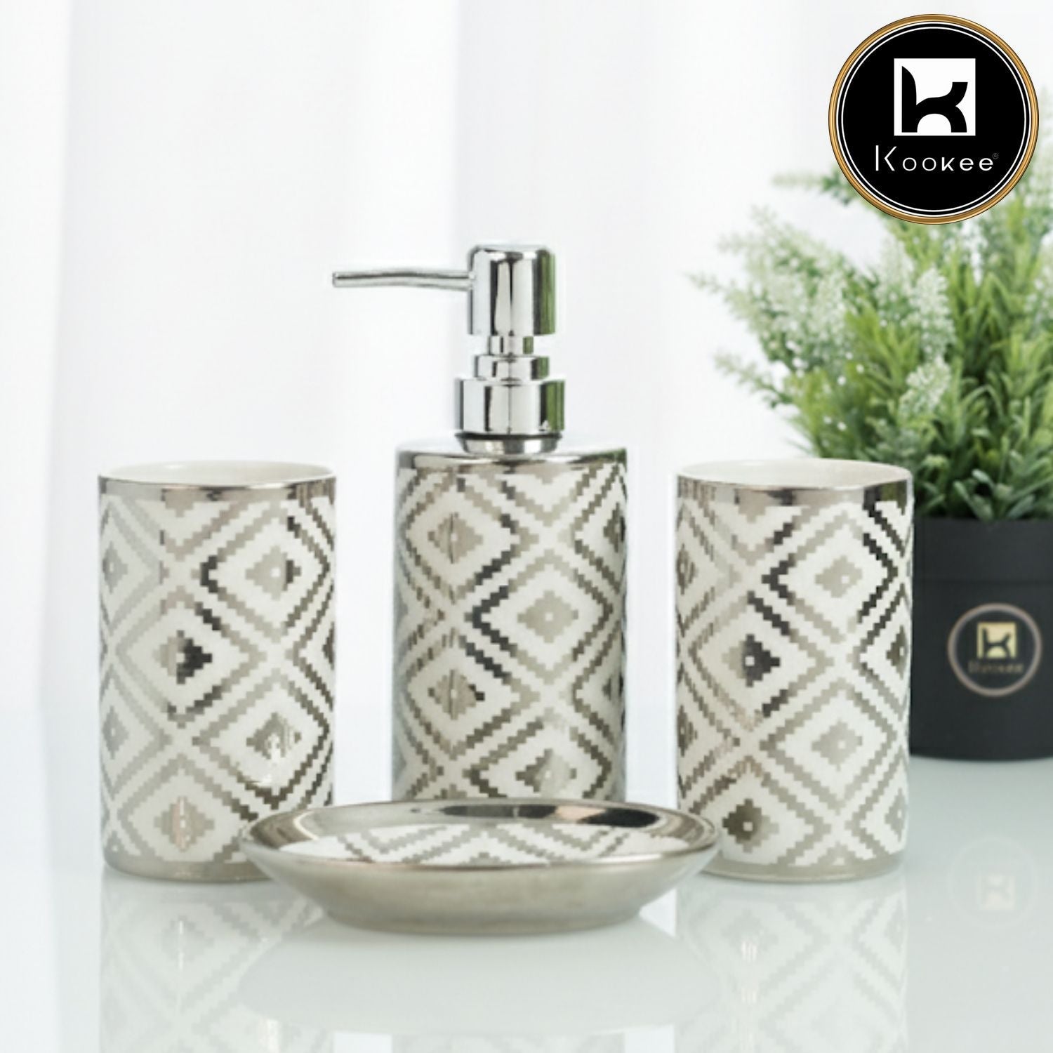 Ceramic Bathroom Set of 4 with Soap Dispenser, Silver (12229)
