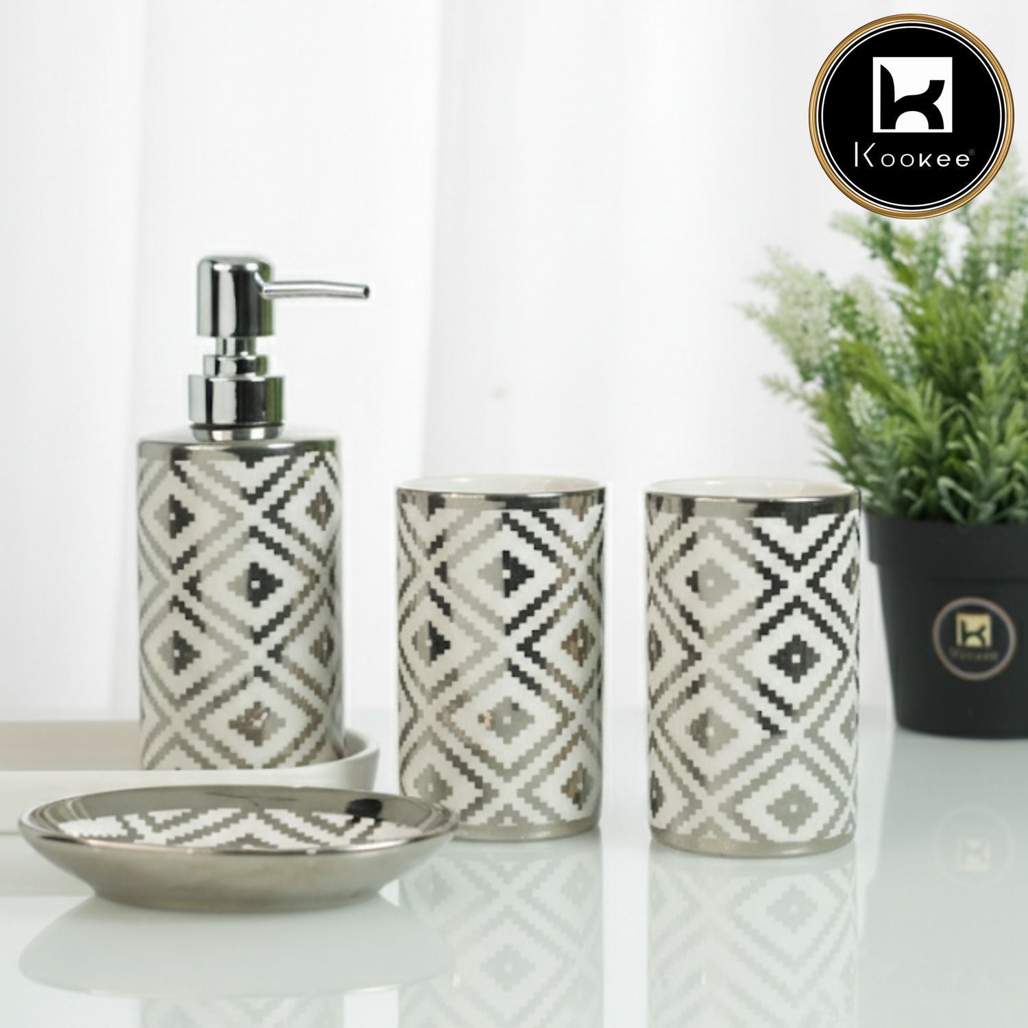 Kookee Ceramic Bathroom Set of 4 with Soap Dispenser, Silver (12229)