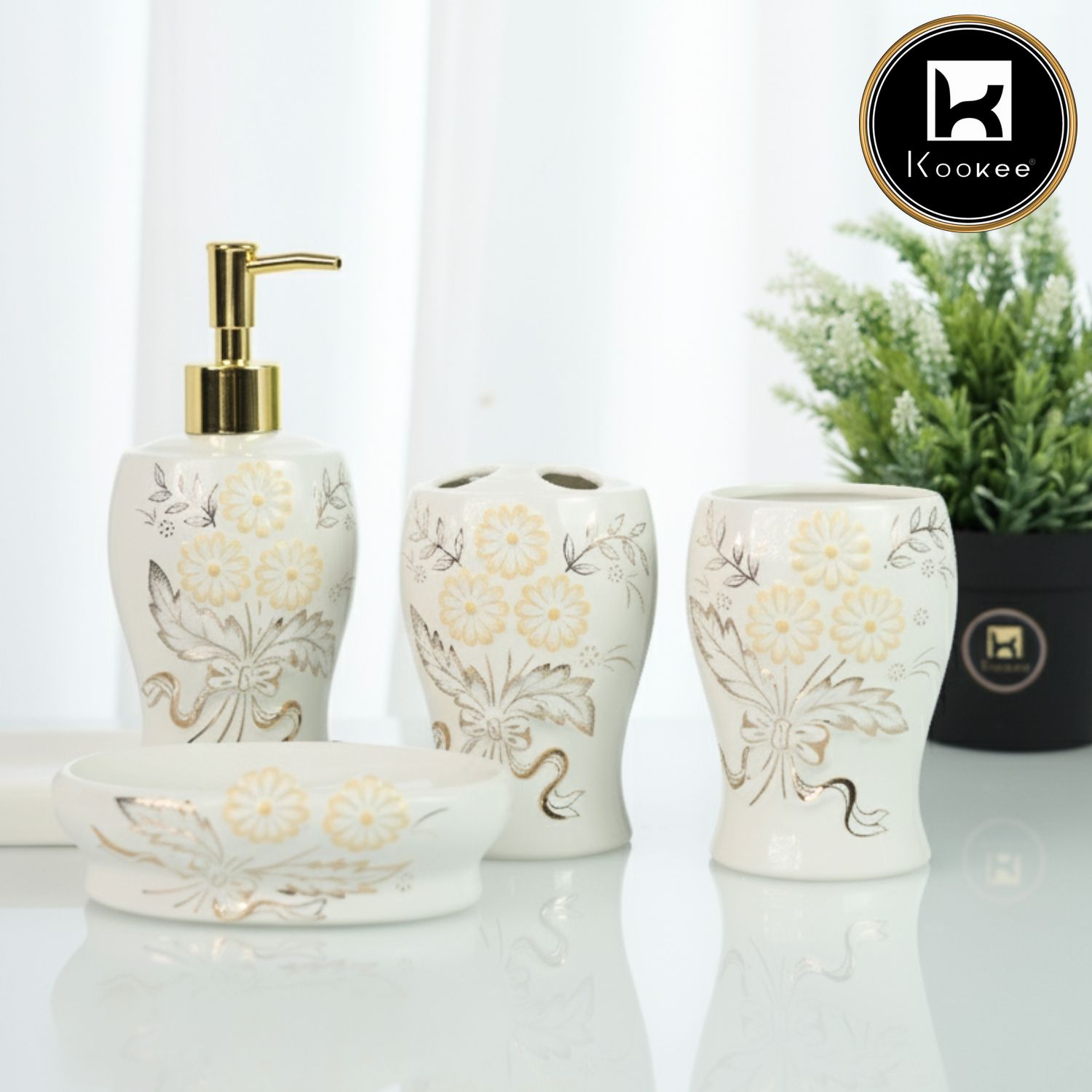 Ceramic Bathroom Accessories Set of 4 with Soap Dispenser, White (12247)