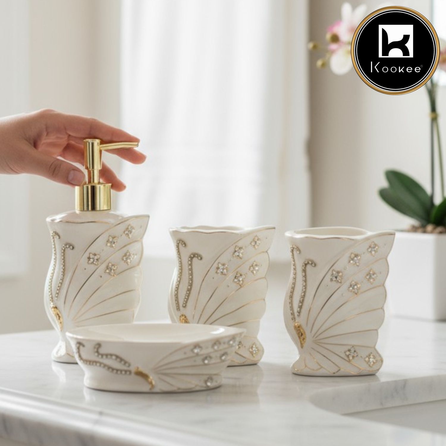 Ceramic Bathroom Accessories Set of 4 with Soap Dispenser, White (12248)