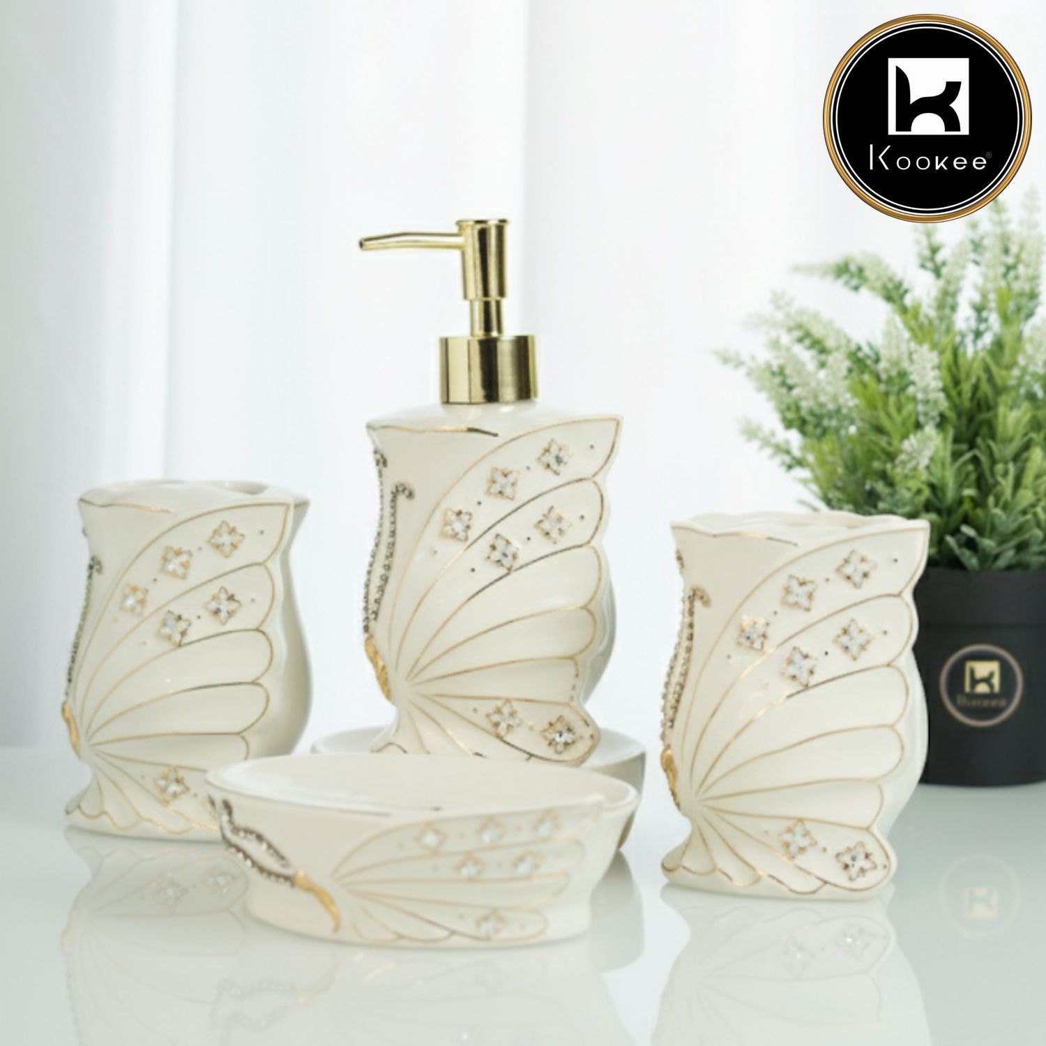 Ceramic Bathroom Accessories Set of 4 with Soap Dispenser, White (12248)