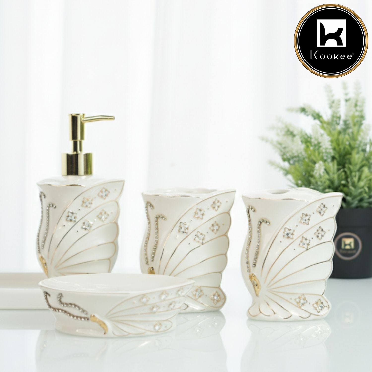 Ceramic Bathroom Accessories Set of 4 with Soap Dispenser, White (12248)