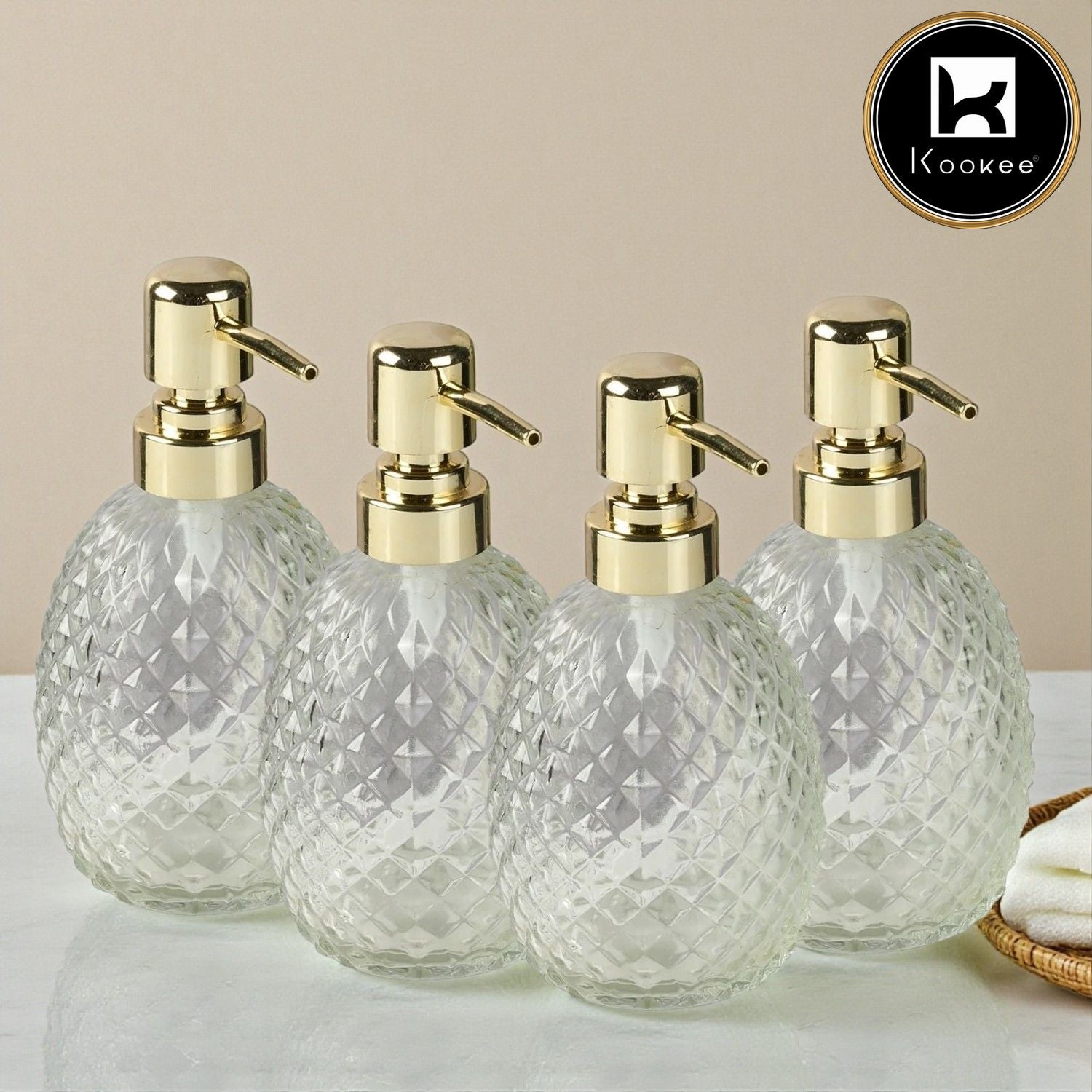 Glass Soap Dispenser for handwash for Bathroom, Transparent (Set of 4) (11597)