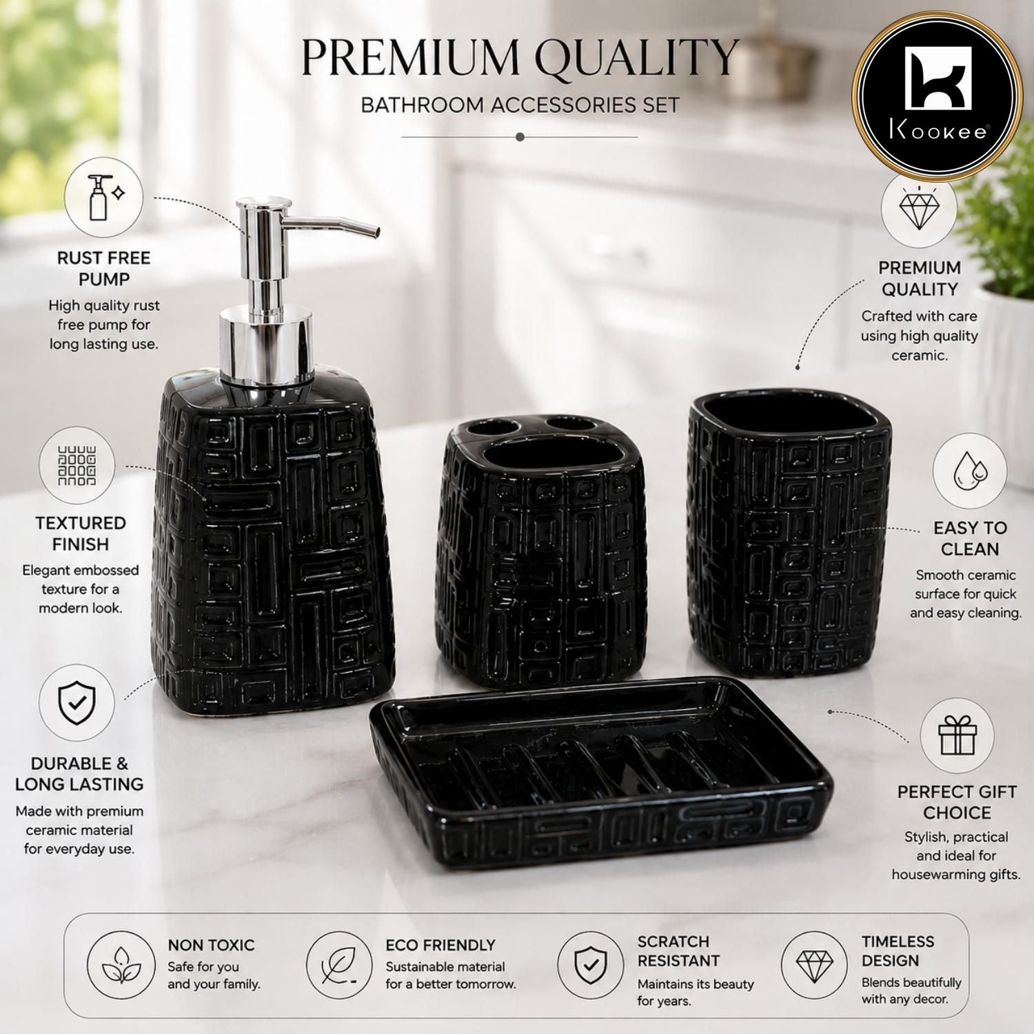 Kookee Ceramic Bathroom Sets, Black, ART12334