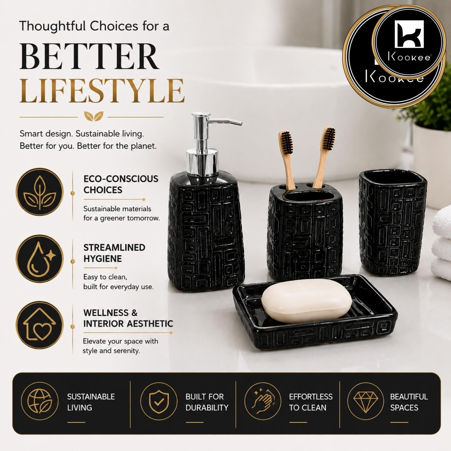 Kookee Ceramic Bathroom Sets, Black, ART12334