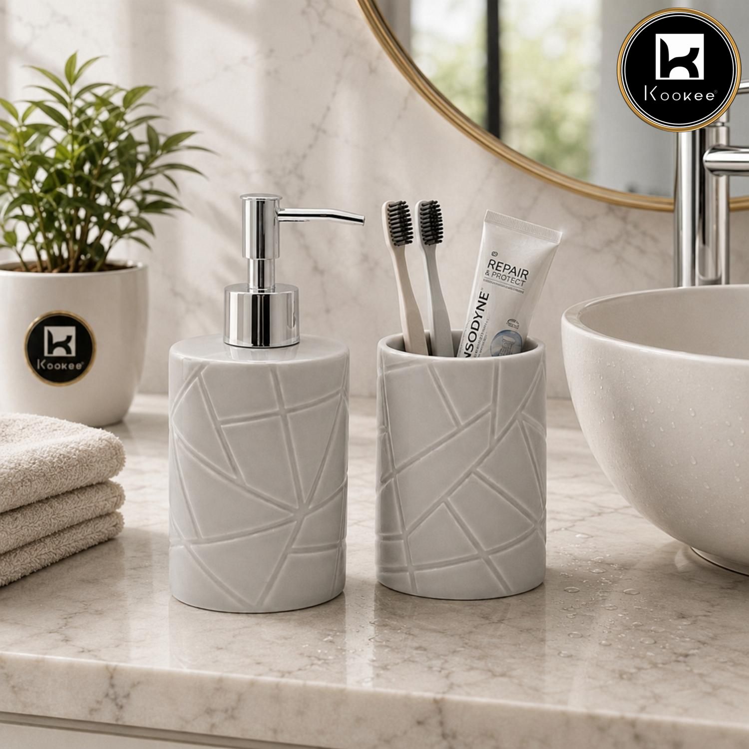 Kookee Ceramic Bathroom Sets, Grey, ART12344