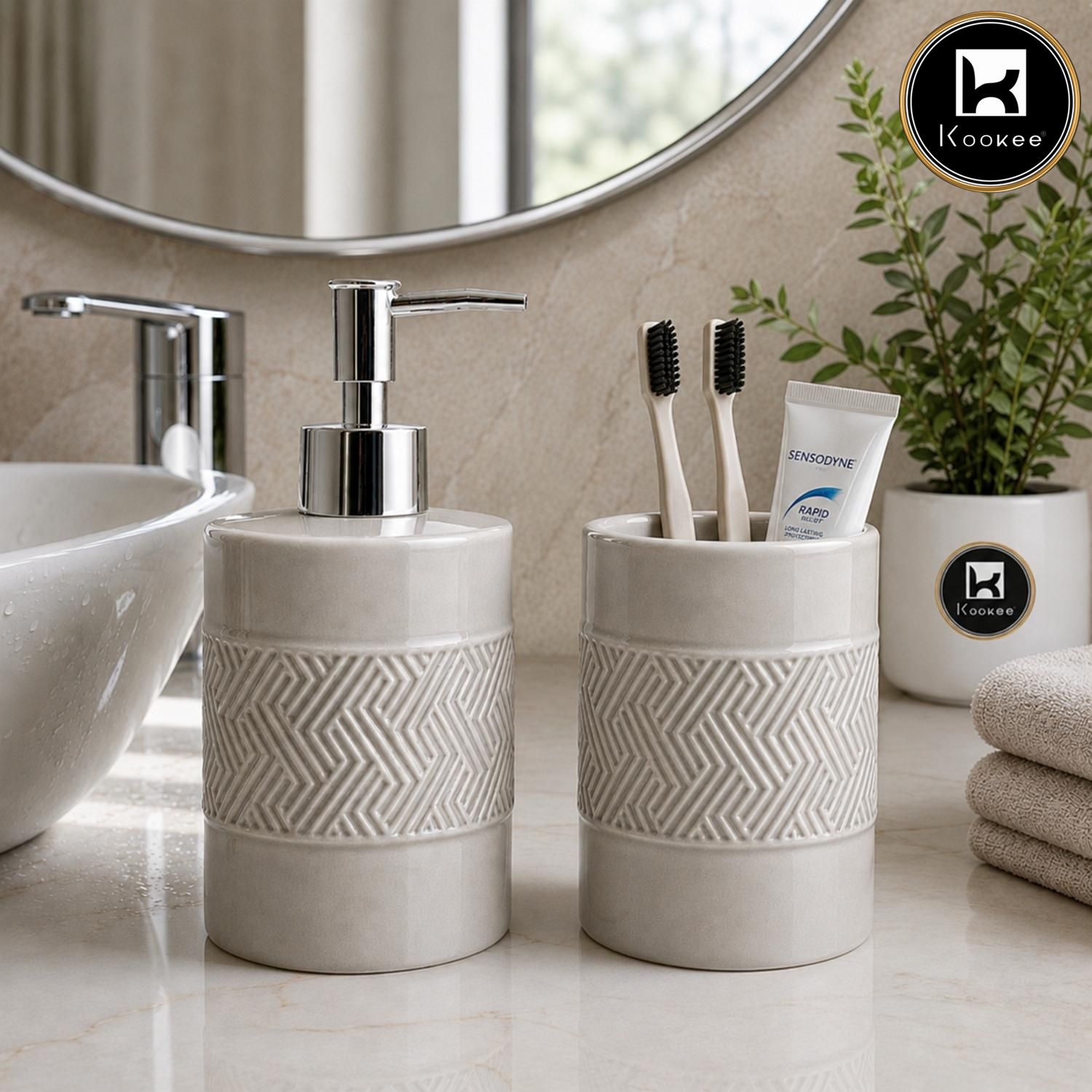 Kookee Ceramic Bathroom Sets, Grey, ART12346