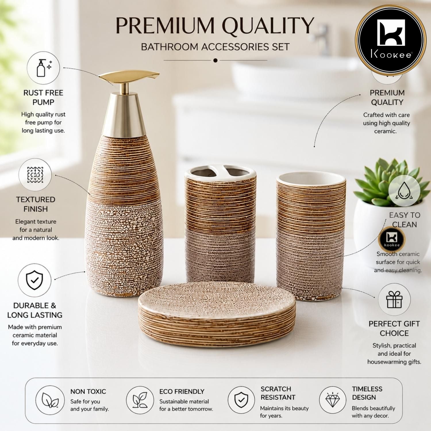 Kookee Ceramic Bathroom Sets, Brown, ART12363