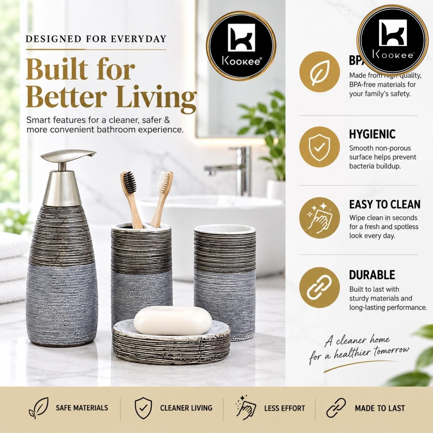 Kookee Ceramic Bathroom Sets, Grey, ART12365