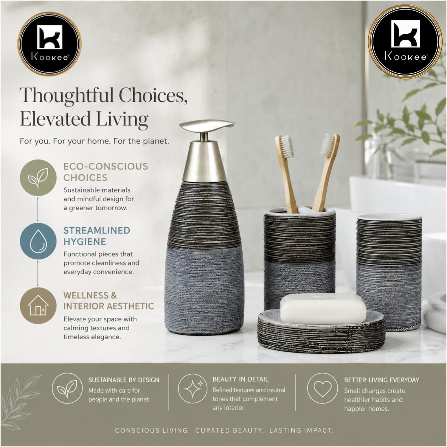 Kookee Ceramic Bathroom Sets, Grey, ART12365