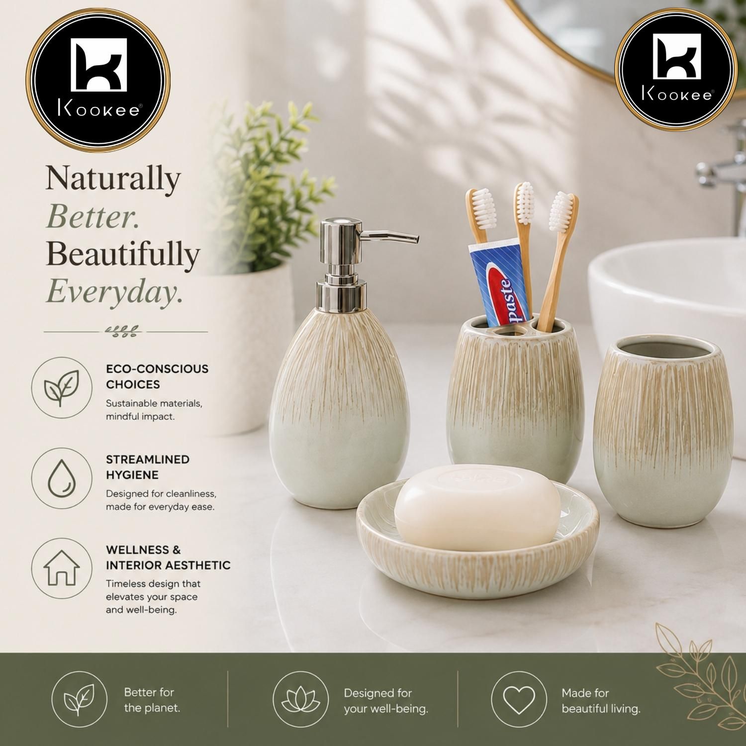 Kookee Ceramic Bathroom Sets, Pista, ART12374