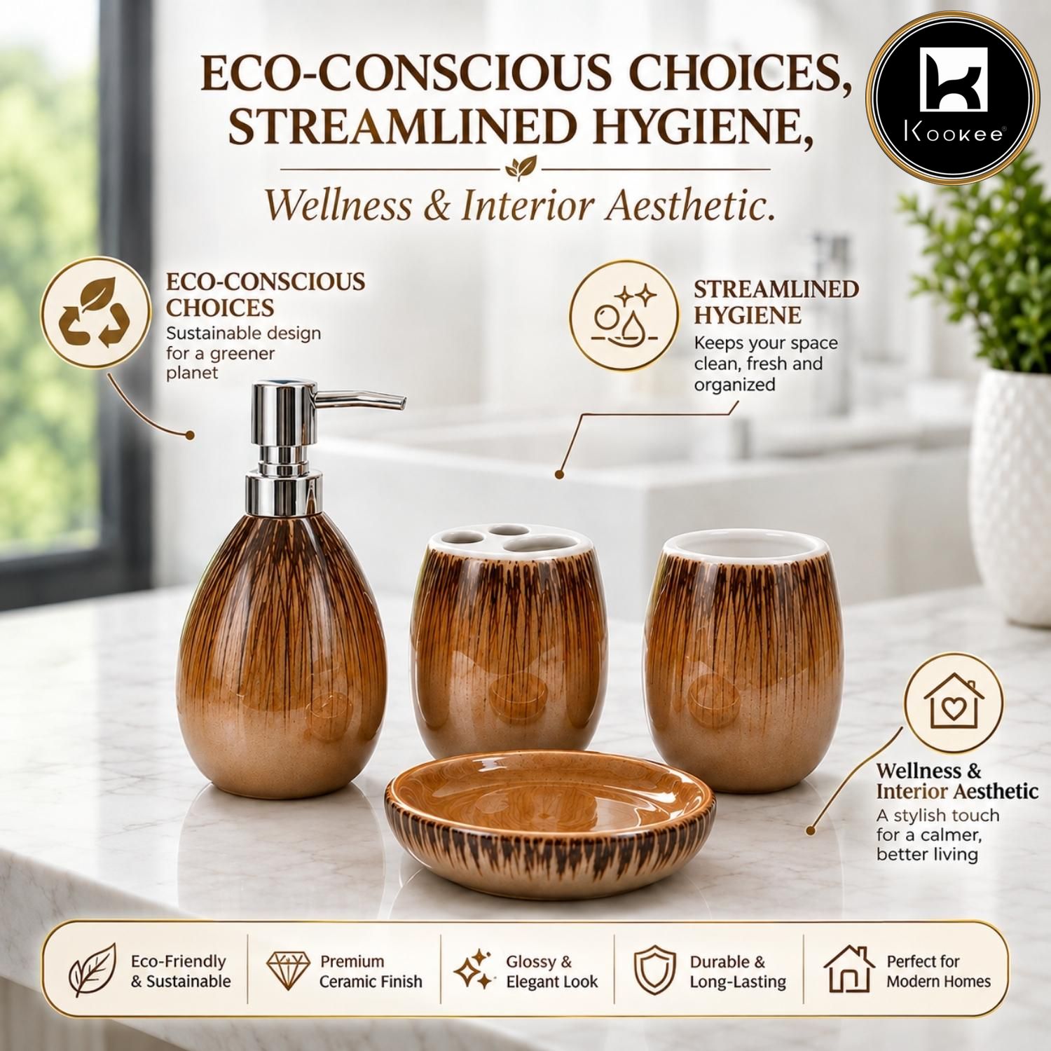Kookee Ceramic Bathroom Sets, Brown, ART12375