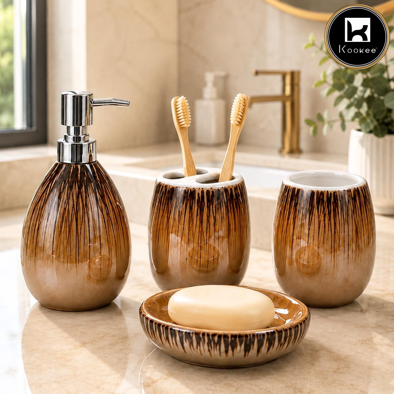Kookee Ceramic Bathroom Sets, Brown, ART12375
