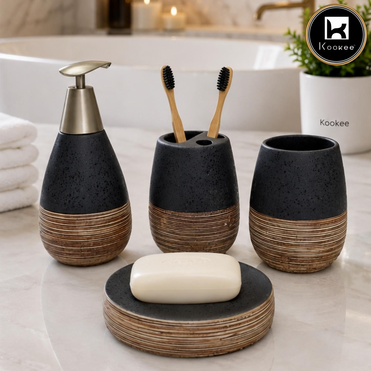 Kookee Ceramic Bathroom Sets, Black, ART12377