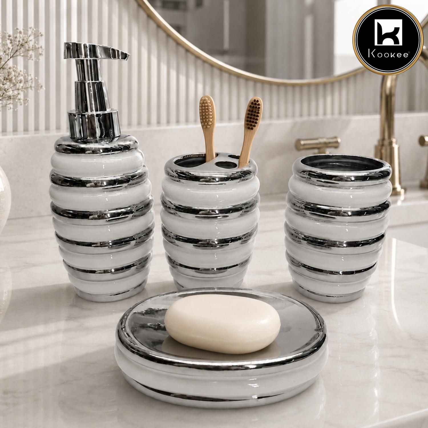 Kookee Ceramic Bathroom Sets, Silver, ART12379