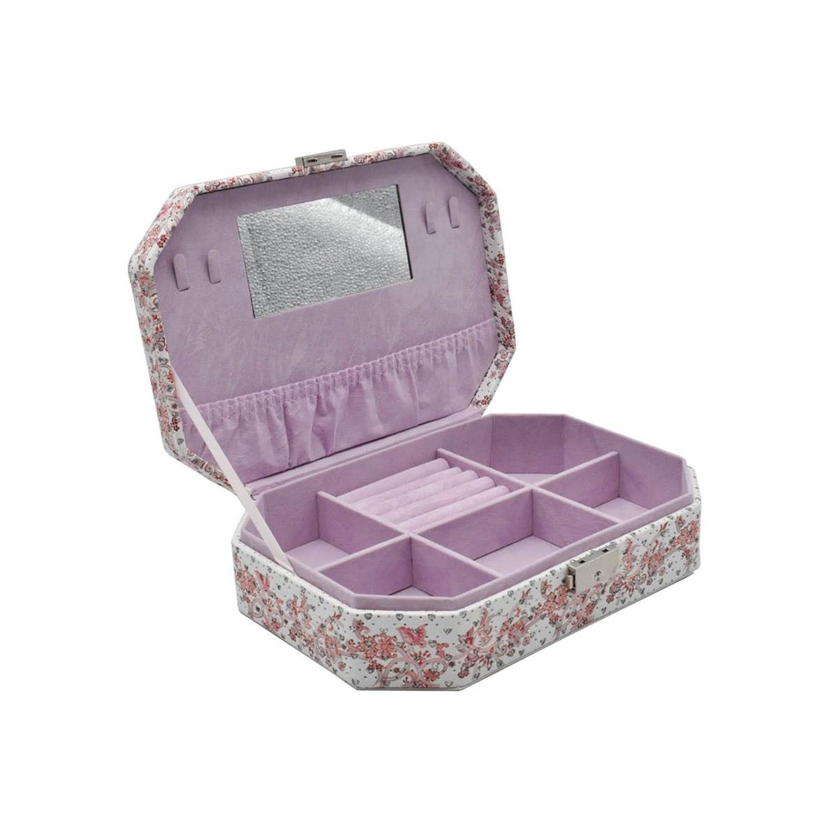 Jewellery Organizer Box with Mirror, 6 Section storage, PU Leather (123-2)