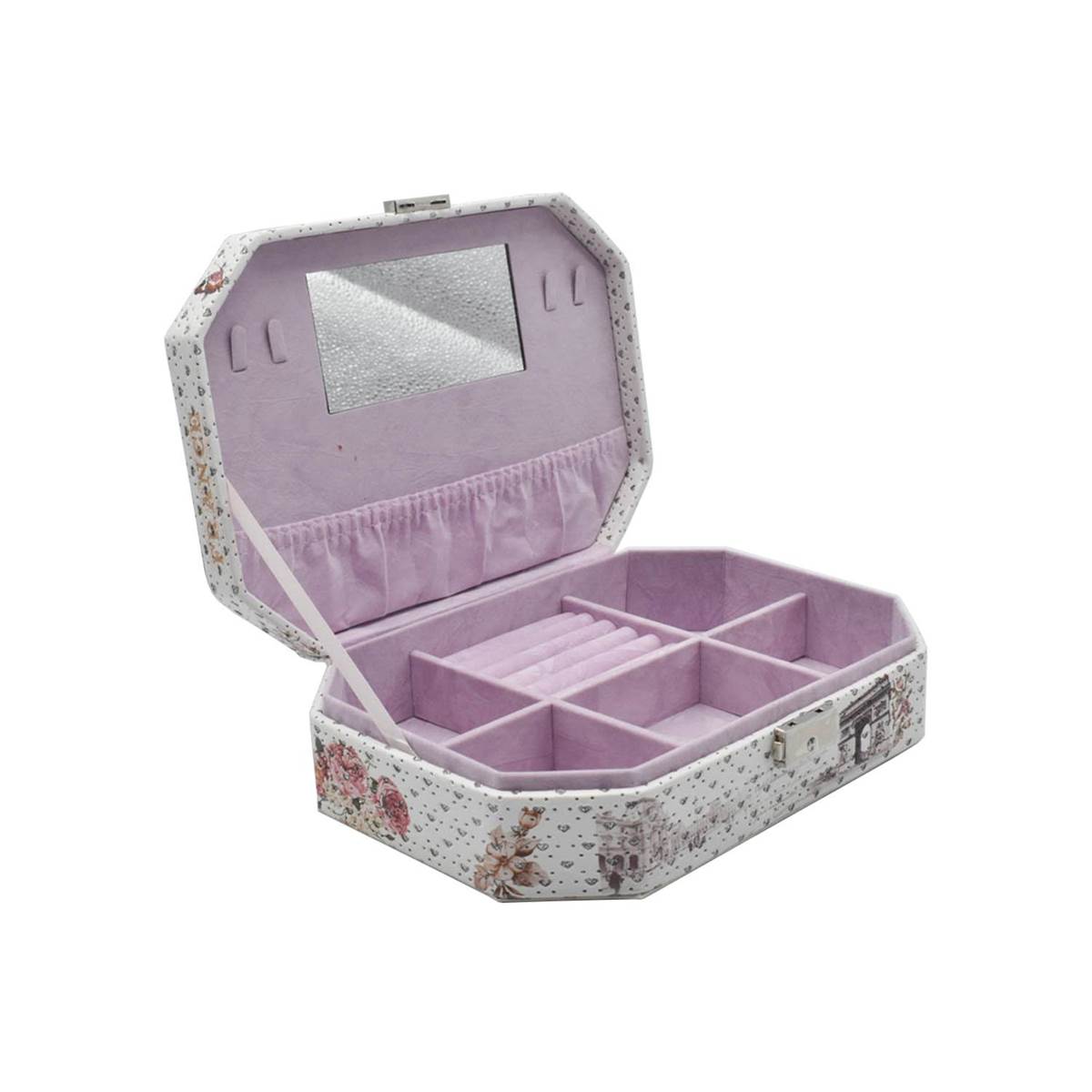 Jewellery Organizer Box with Mirror, 6 Section storage, PU Leather (123-4)